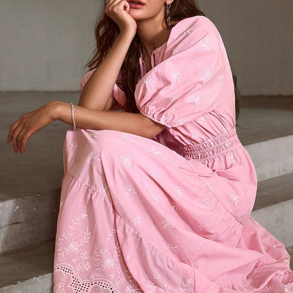 Pink Casual Women's Embroidered Lantern Sleeve Tie-Up Long Dress - Picture 3 of 7